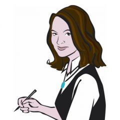 drawing of woman with brown hair holding a pen
